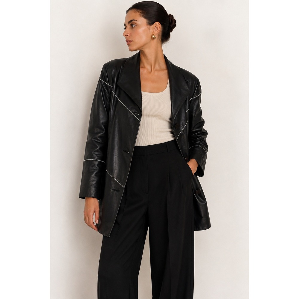 Vintage CARUANA Black Italian Leather Jacket Women L Oversized Blazer Minimalist